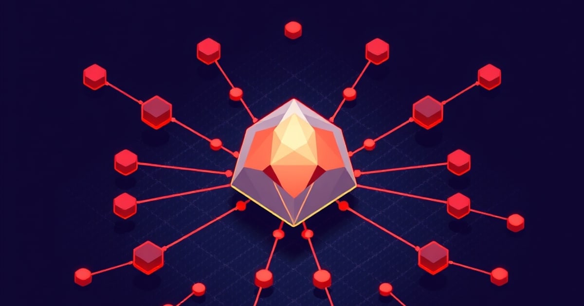 Flat isometric illustration of a glowing gold faceted gem at the hub of red spokes radiating out to a ring of small red hexagonal blocks on dark purple.
