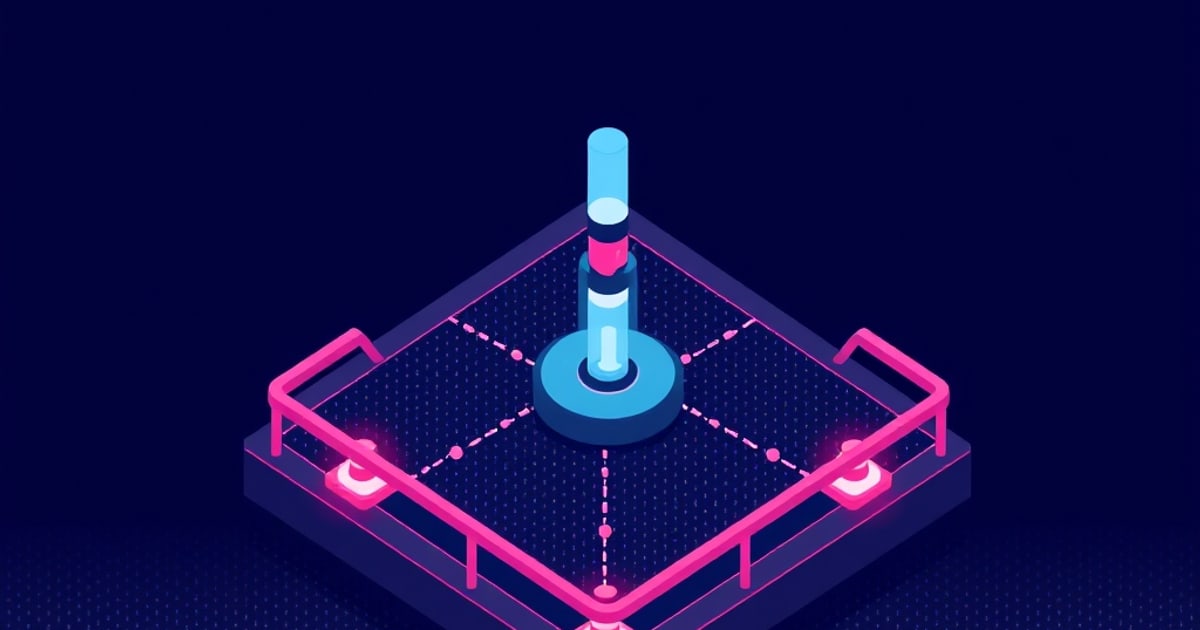 Flat isometric illustration of a segmented blue and pink column on a round base, enclosed by a pink railing with dashed lines running out to the corners.