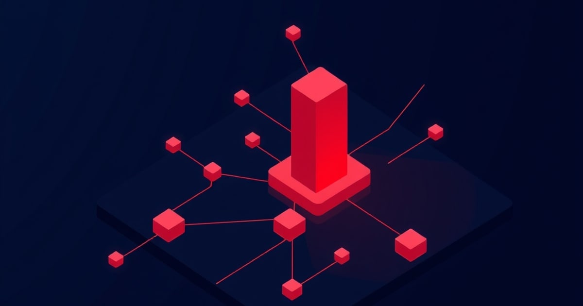 Flat isometric illustration of a red database pillar on a pedestal at the hub of a red node network on a dark board.
