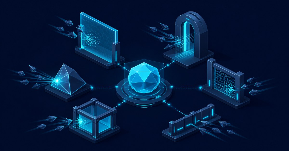 Flat isometric illustration of six blue barriers, a screen, arch, mesh panel, pyramid, cage and fence, ringing a faceted sphere as small darts fly in.