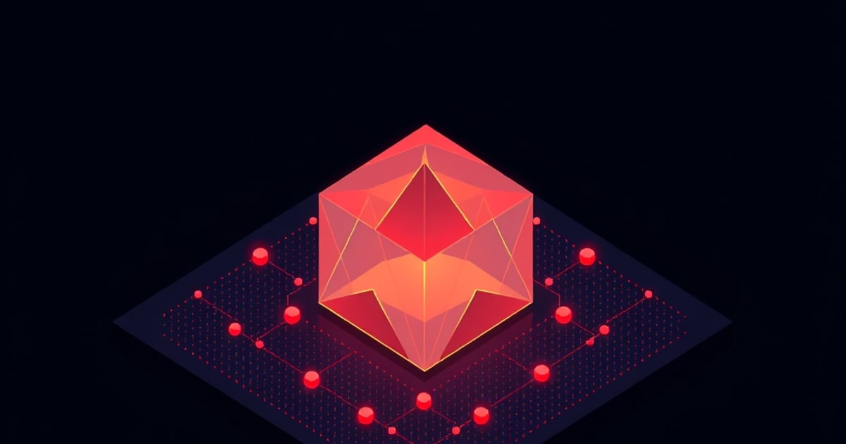 Flat isometric illustration of a translucent red faceted cube with an inner star core on a dark diamond platform ringed by glowing red circuit nodes.